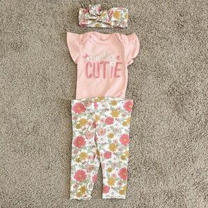 Pink 'Hello Cutie' Baby Outfit with Floral Leggings and Headband 3-6M
